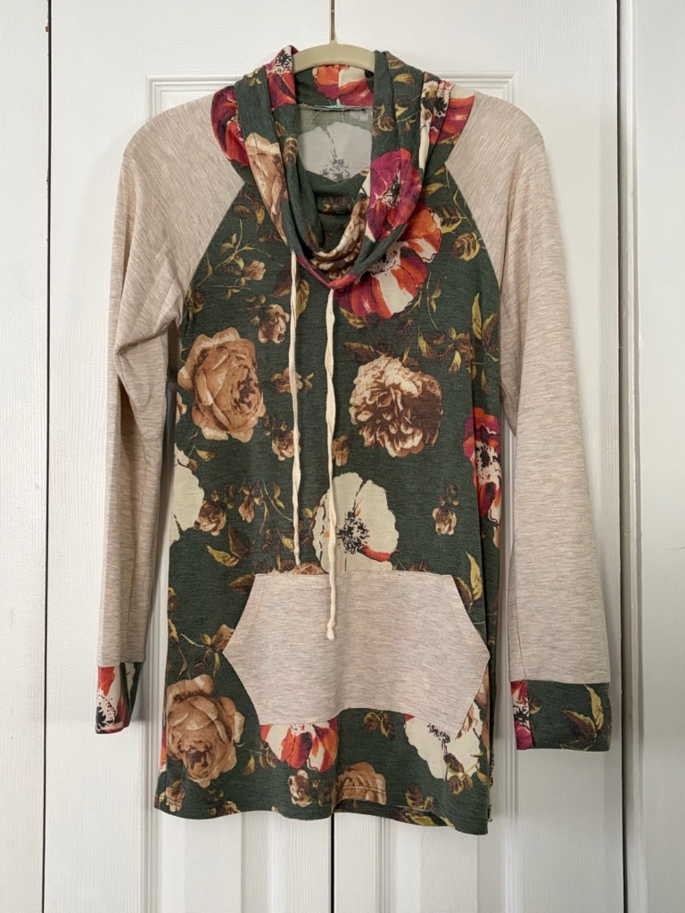 Floral Cowl-Neck Top with Beige Raglan Sleeves